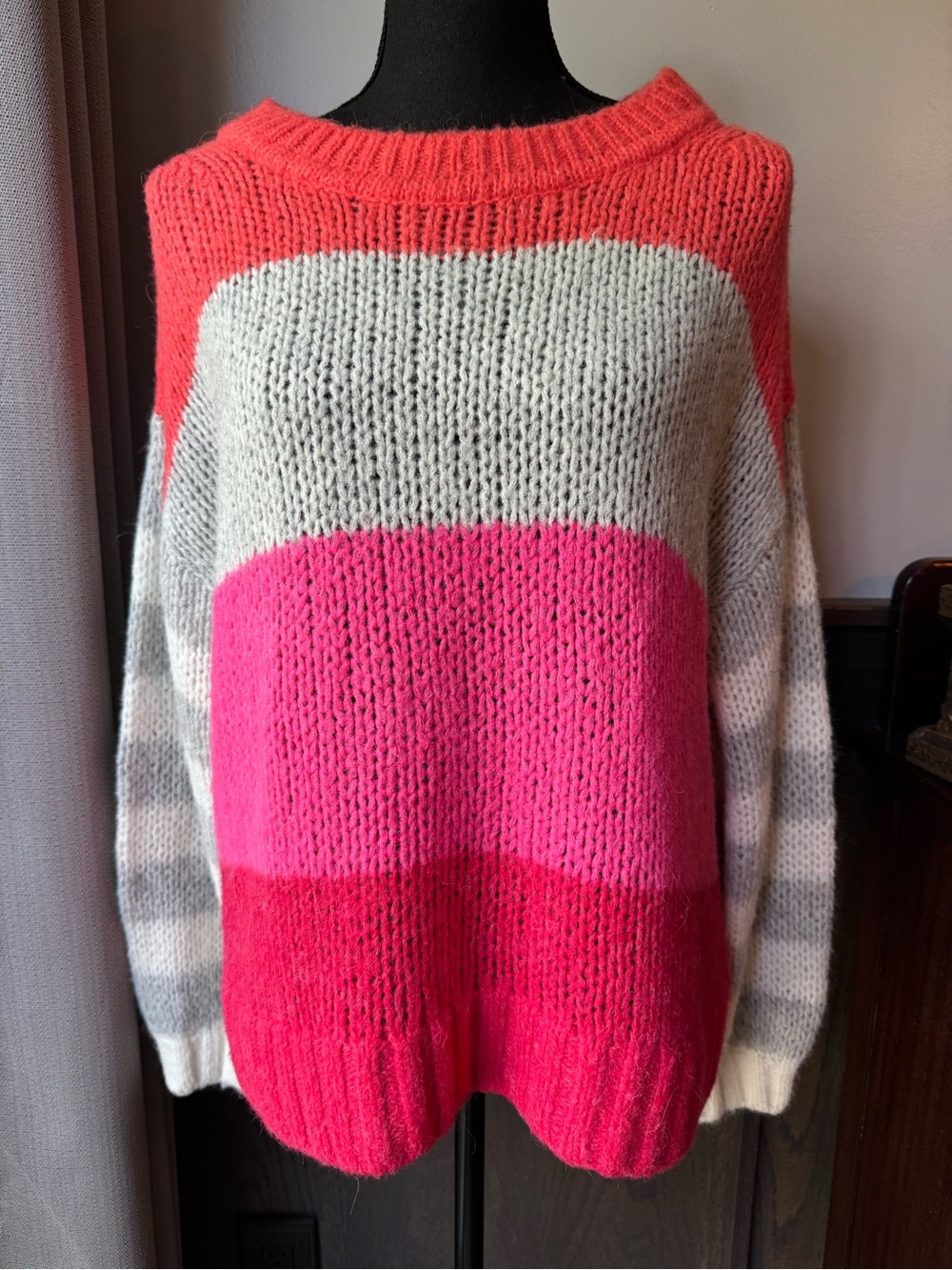 GAP Colorblock Crewneck Sweater in Coral, Hot Pink & Light Gray